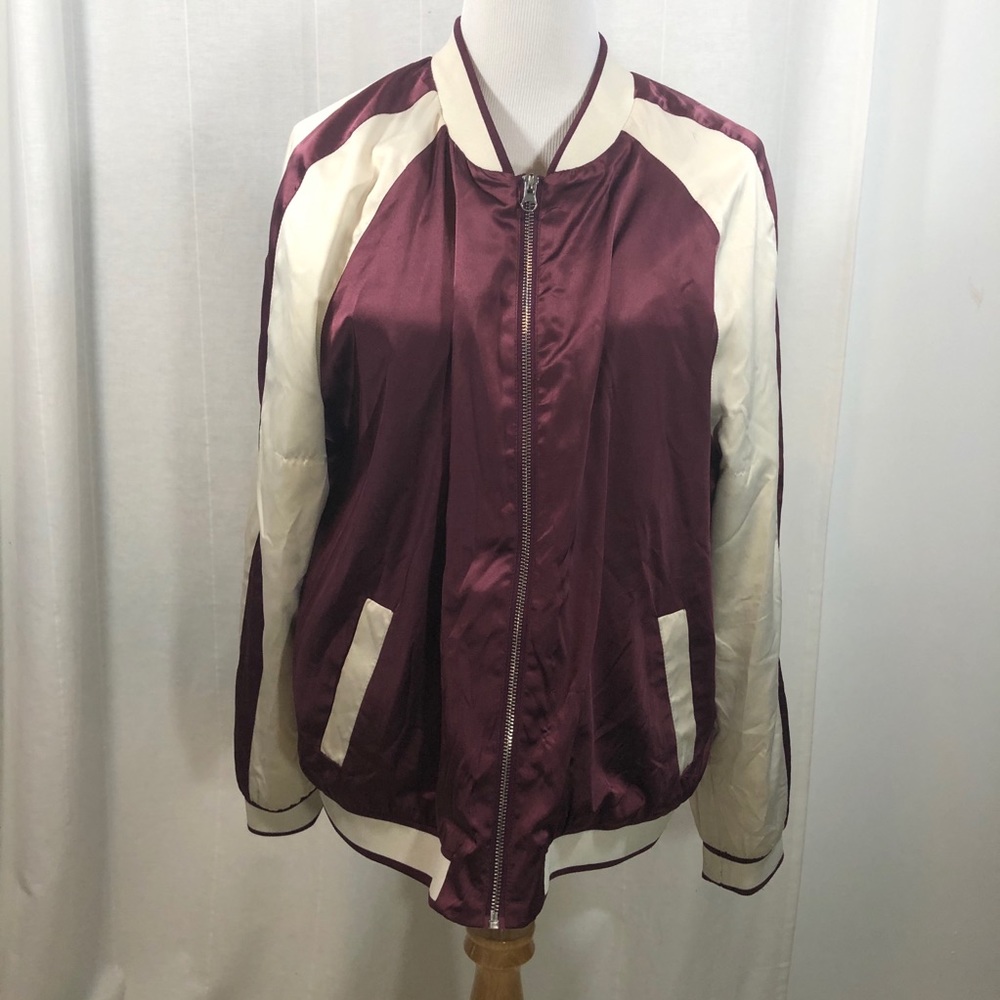 Forever 21 Maroon and Cream Satin Bomber Jacket